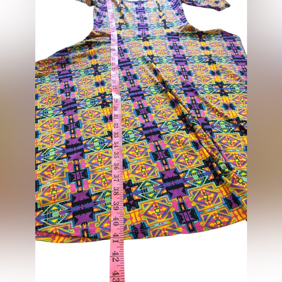 Lularoe Nicole Geometric Printed Midi Dress Size M Yellow Purple Short Sleeves - Picture 9 of 10